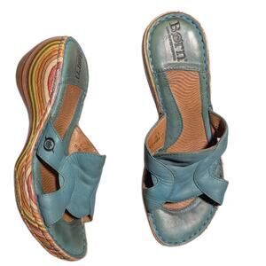 Born Teal Leather Sandals with Striped Wedge